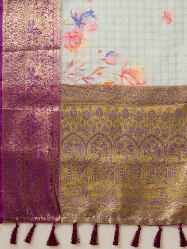 Sky Blue Munga Silk Digital Print Floral Saree with Unstitched Blouse - Hiral Fashion | Grocsy