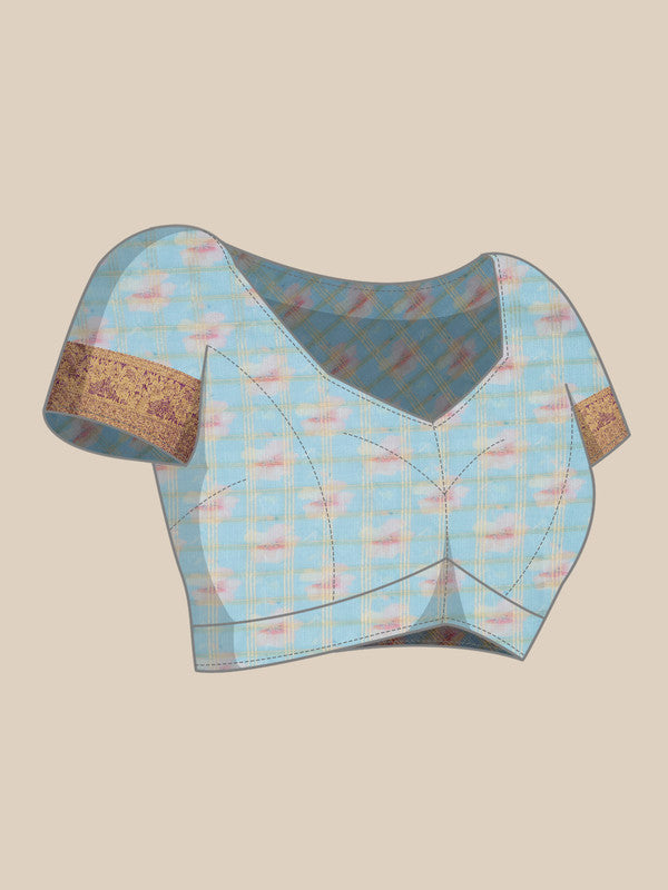 Sky Blue Munga Silk Digital Print Floral Saree with Unstitched Blouse - Hiral Fashion | Grocsy