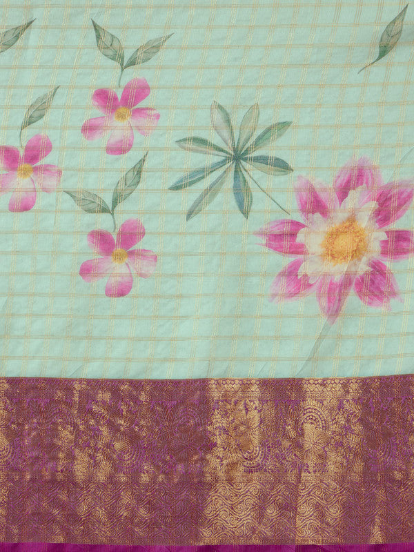 Turquoise Munga Silk Digital Print Floral Saree with Unstitched Blouse - Hiral Fashion | Grocsy