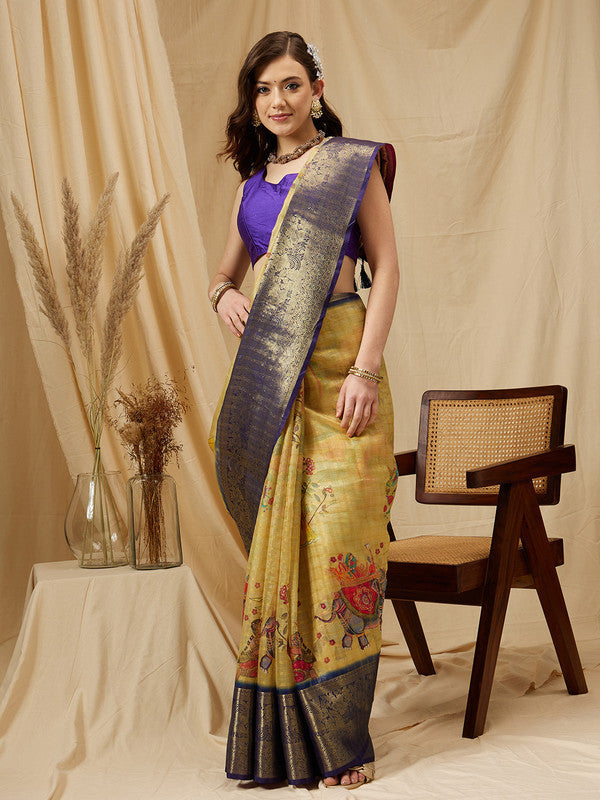 Yellow Munga Silk Digital Print Floral Saree with Unstitched Blouse - Hiral Fashion | Grocsy