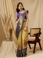 Yellow Munga Silk Digital Print Floral Saree with Unstitched Blouse - Hiral Fashion | Grocsy