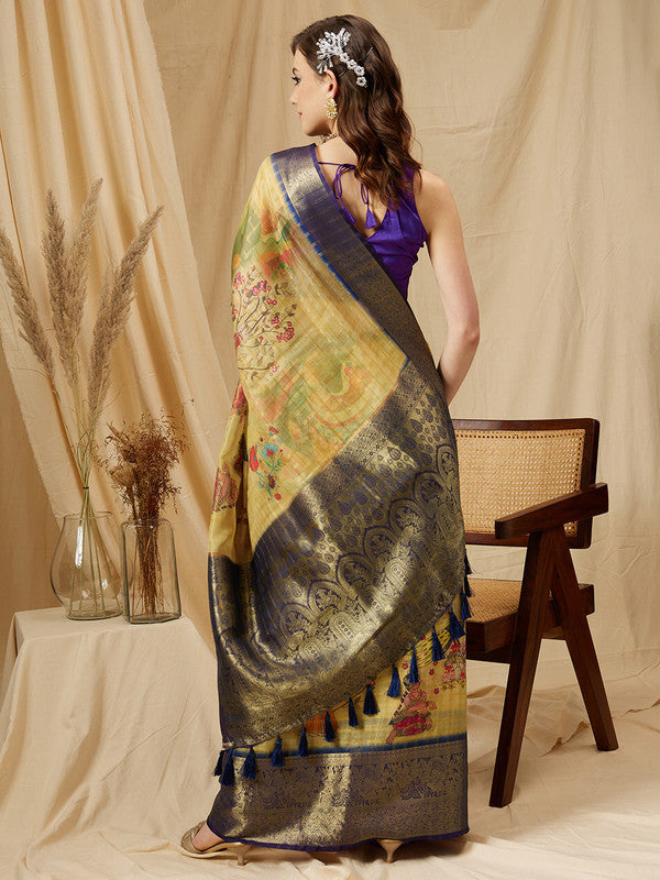 Yellow Munga Silk Digital Print Floral Saree with Unstitched Blouse - Hiral Fashion | Grocsy