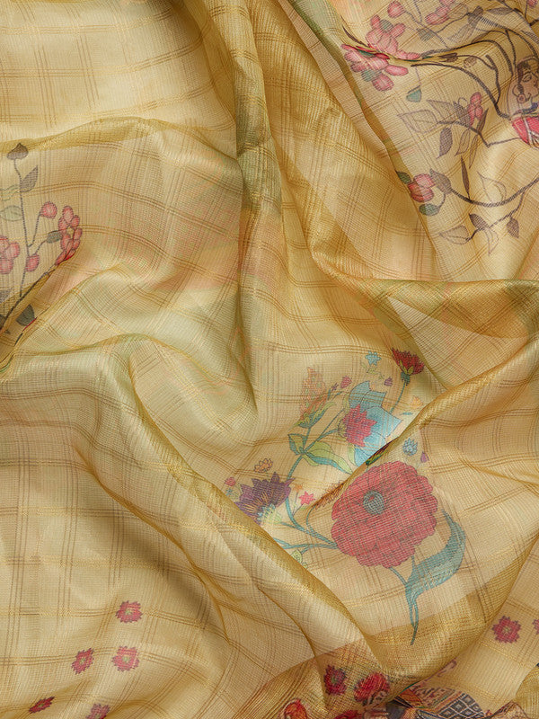 Yellow Munga Silk Digital Print Floral Saree with Unstitched Blouse - Hiral Fashion | Grocsy