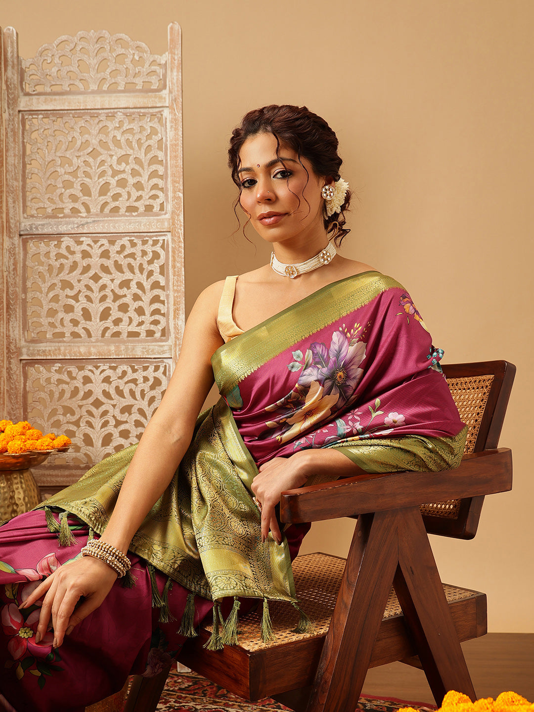 Hiral Fashion Pink Banarasi Silk Floral Digital Printed Saree | Grocsy