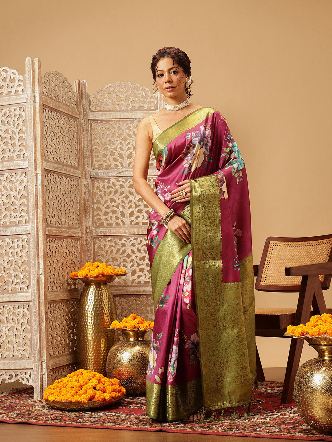 Hiral Fashion Pink Banarasi Silk Floral Digital Printed Saree | Grocsy