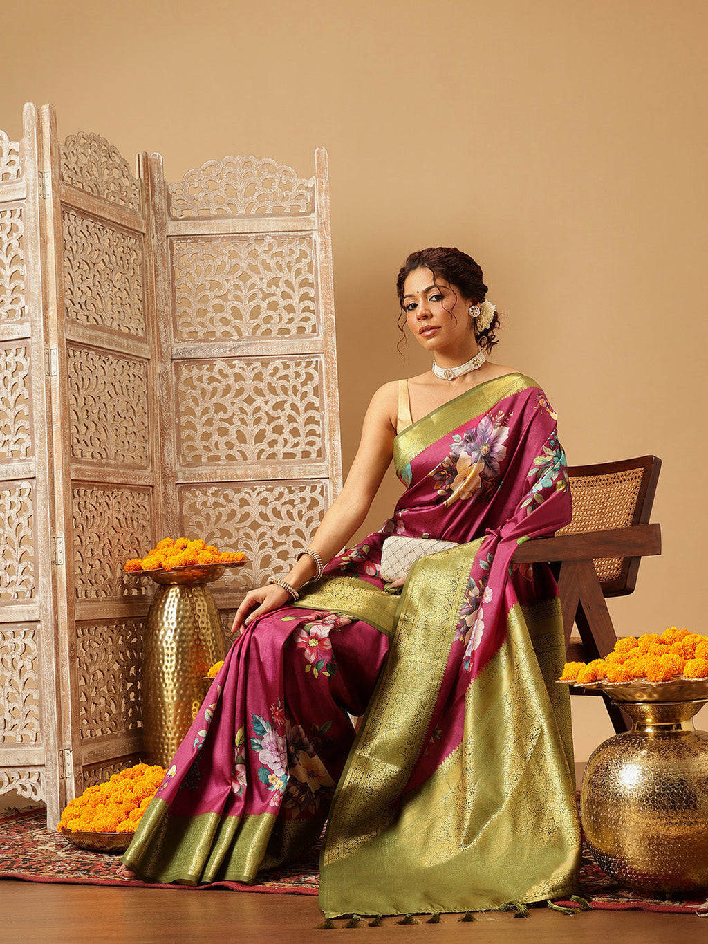 Hiral Fashion Pink Banarasi Silk Floral Digital Printed Saree | Grocsy