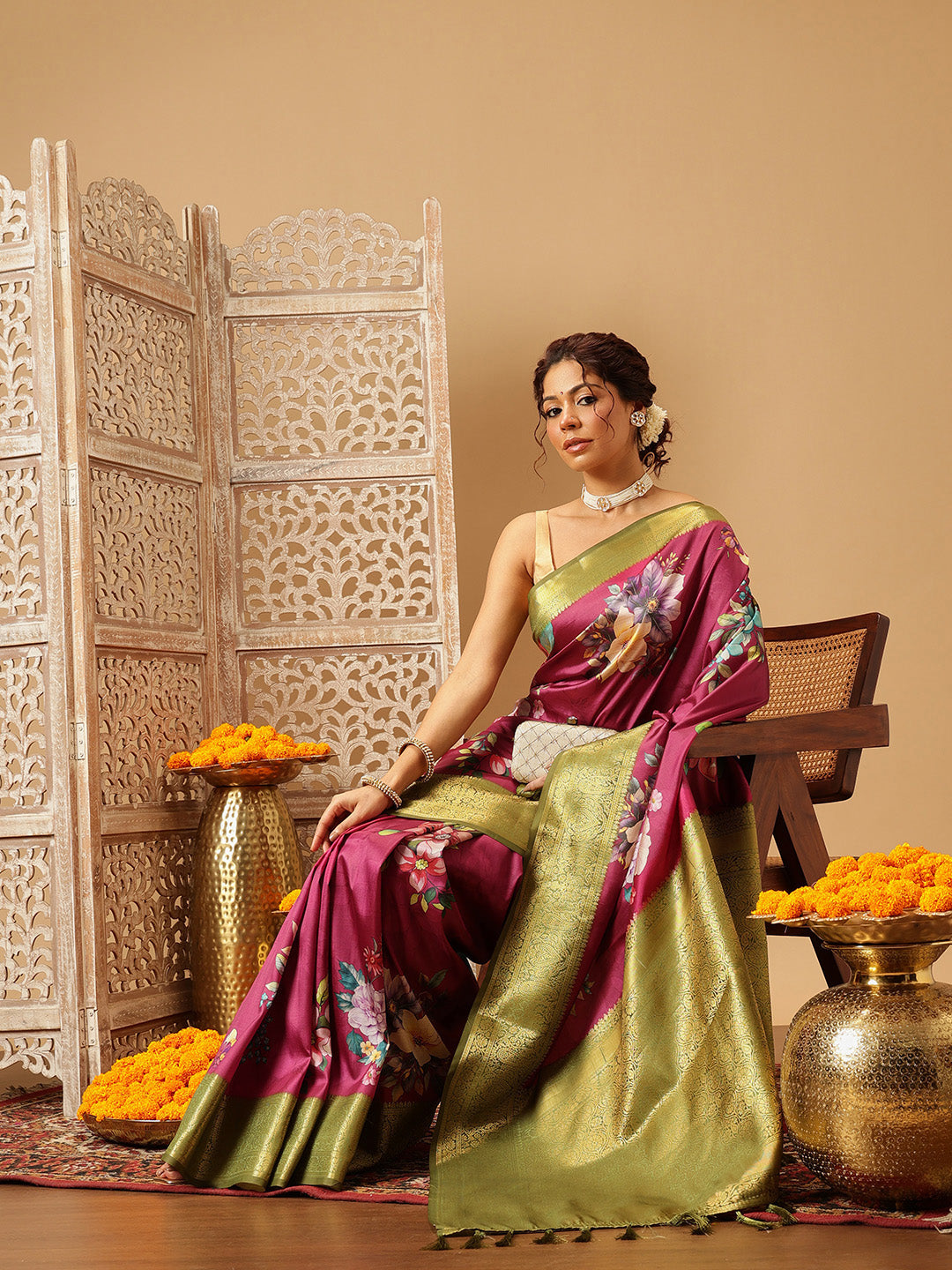 Hiral Fashion Pink Banarasi Silk Floral Digital Printed Saree | Grocsy