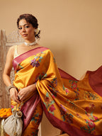 Hiral Fashion Mustard Banarasi Silk Floral Digital Printed Saree | Grocsy