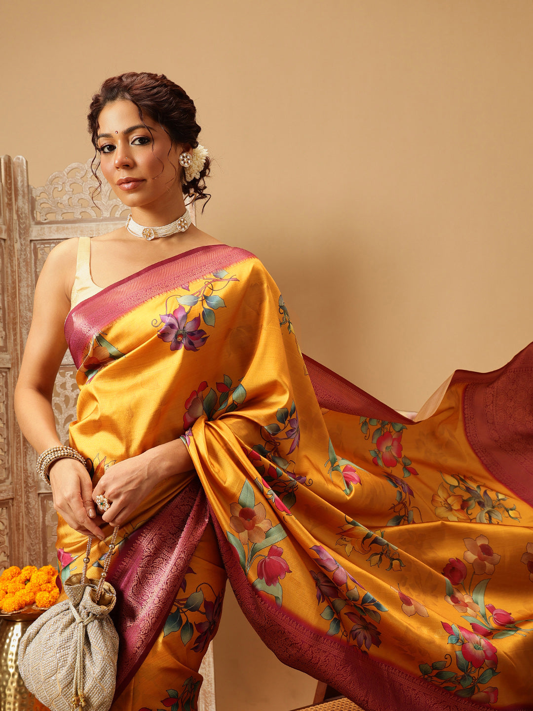 Hiral Fashion Mustard Banarasi Silk Floral Digital Printed Saree | Grocsy