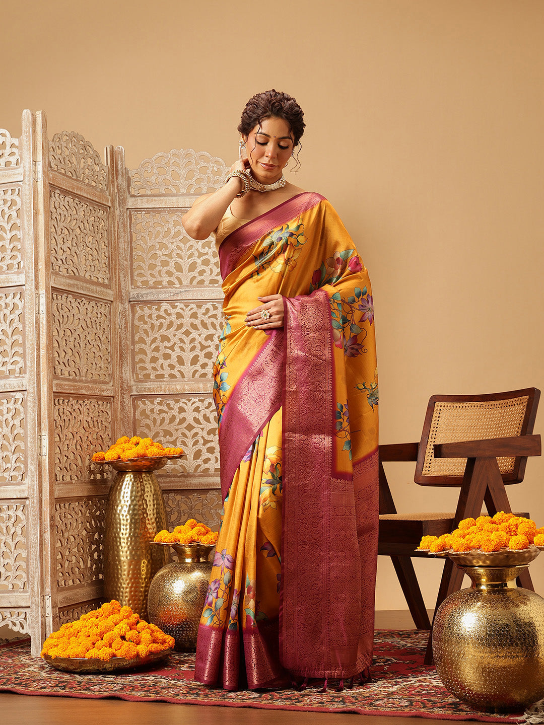 Hiral Fashion Mustard Banarasi Silk Floral Digital Printed Saree | Grocsy