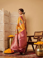 Hiral Fashion Mustard Banarasi Silk Floral Digital Printed Saree | Grocsy