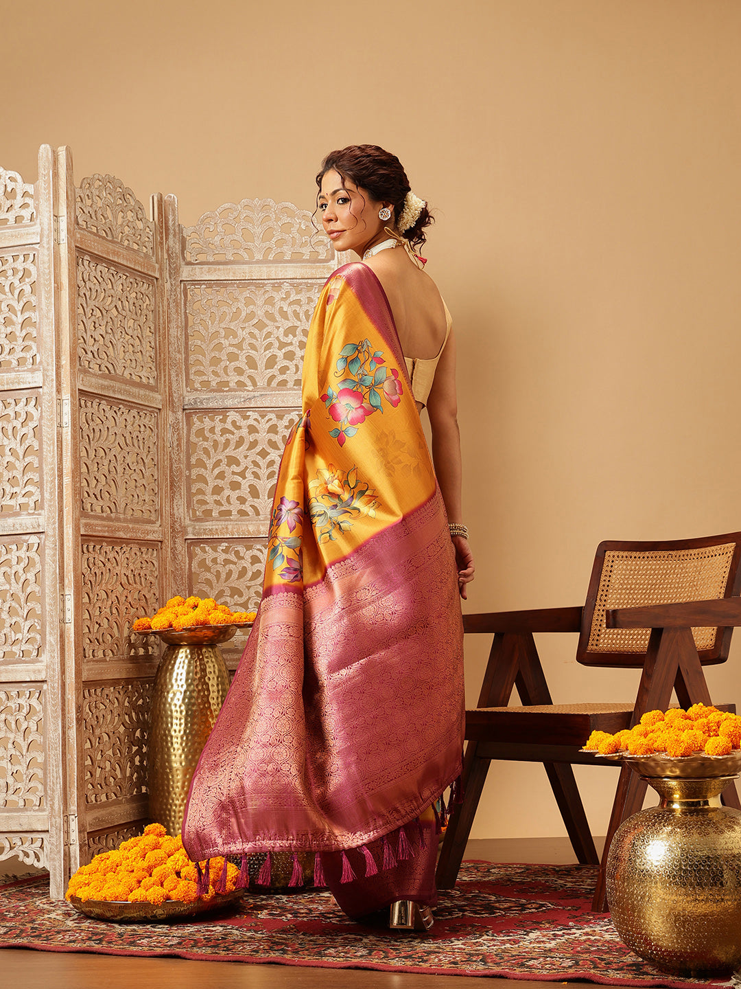 Hiral Fashion Mustard Banarasi Silk Floral Digital Printed Saree | Grocsy