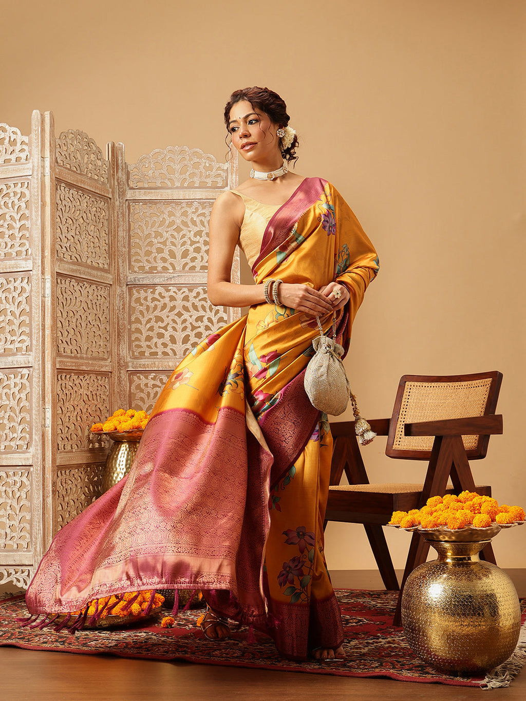 Hiral Fashion Mustard Banarasi Silk Floral Digital Printed Saree | Grocsy
