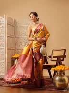 Hiral Fashion Mustard Banarasi Silk Floral Digital Printed Saree | Grocsy