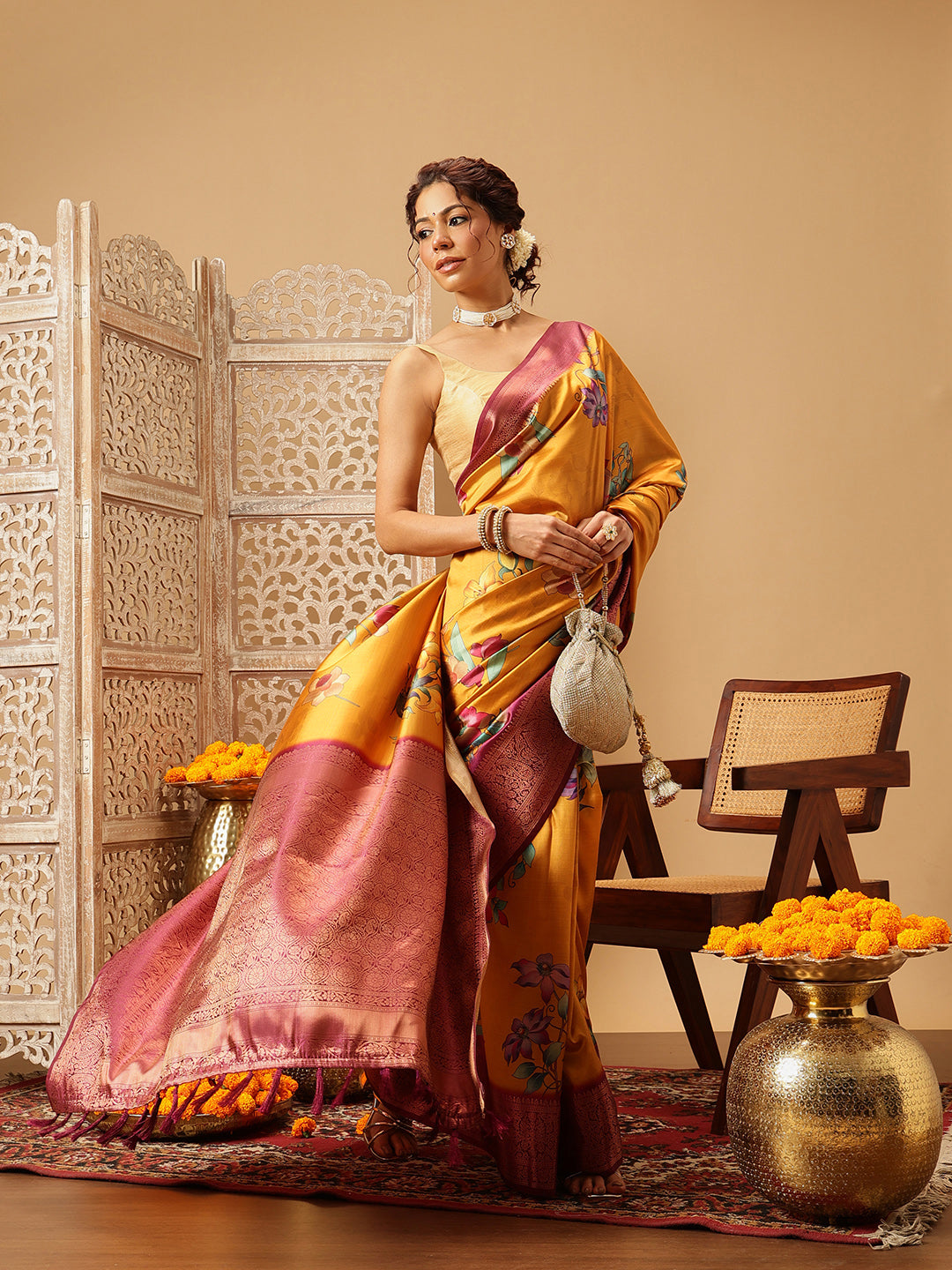 Hiral Fashion Mustard Banarasi Silk Floral Digital Printed Saree | Grocsy
