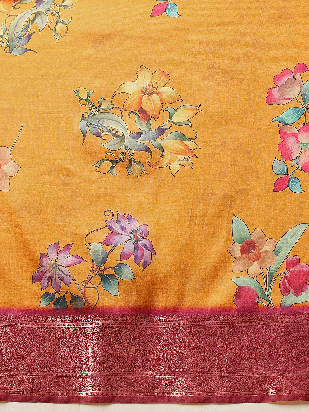 Hiral Fashion Mustard Banarasi Silk Floral Digital Printed Saree | Grocsy