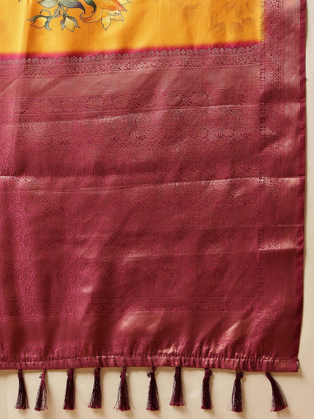 Hiral Fashion Mustard Banarasi Silk Floral Digital Printed Saree | Grocsy