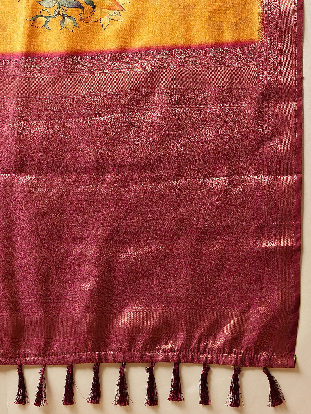 Hiral Fashion Mustard Banarasi Silk Floral Digital Printed Saree | Grocsy