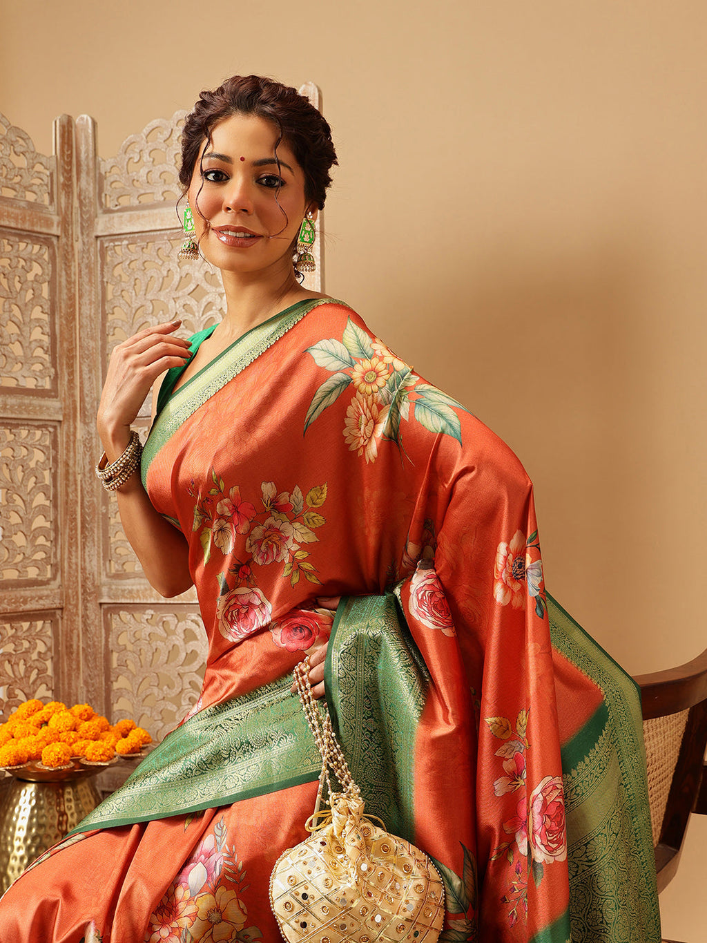 Hiral Fashion Orange Banarasi Silk Floral Digital Printed Saree | Grocsy