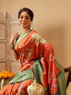 Hiral Fashion Orange Banarasi Silk Floral Digital Printed Saree | Grocsy