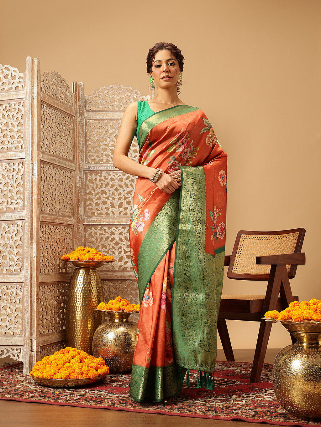 Hiral Fashion Orange Banarasi Silk Floral Digital Printed Saree | Grocsy
