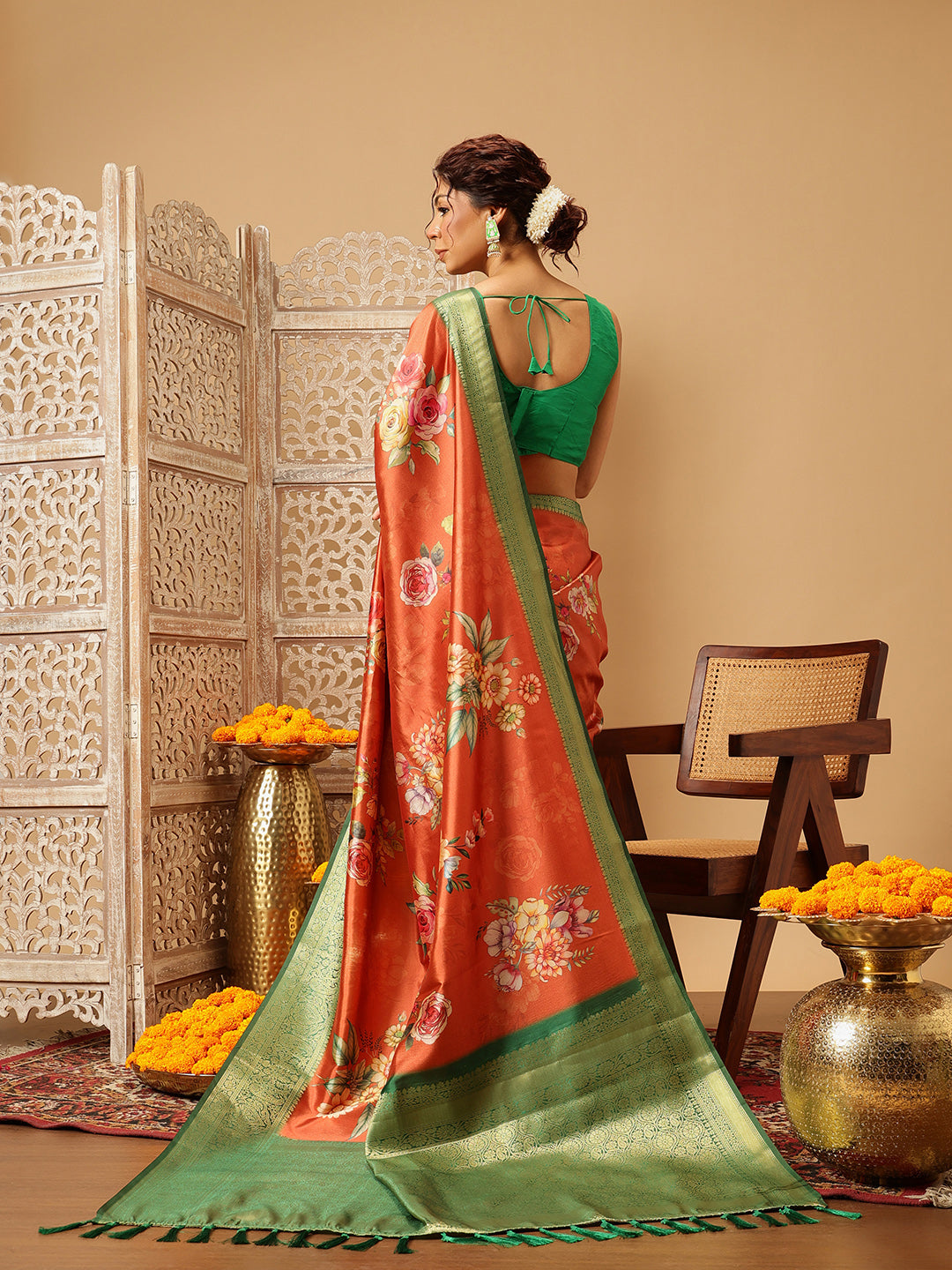 Hiral Fashion Orange Banarasi Silk Floral Digital Printed Saree | Grocsy