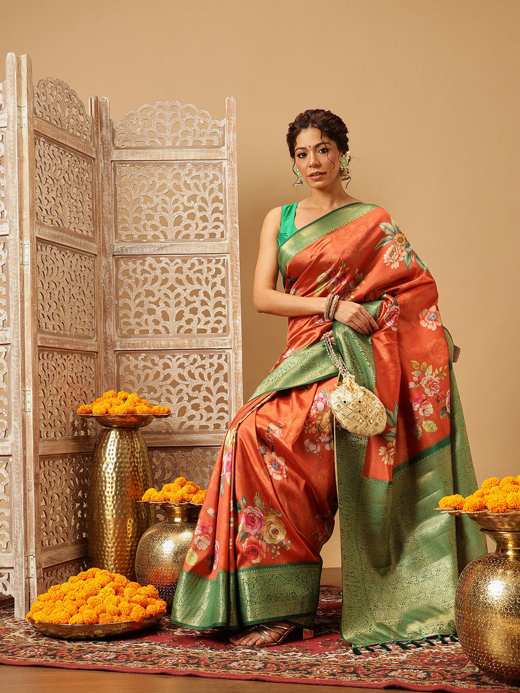 Hiral Fashion Orange Banarasi Silk Floral Digital Printed Saree | Grocsy