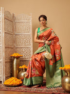 Hiral Fashion Orange Banarasi Silk Floral Digital Printed Saree | Grocsy