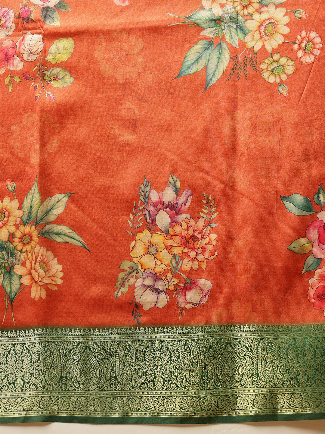 Hiral Fashion Orange Banarasi Silk Floral Digital Printed Saree | Grocsy