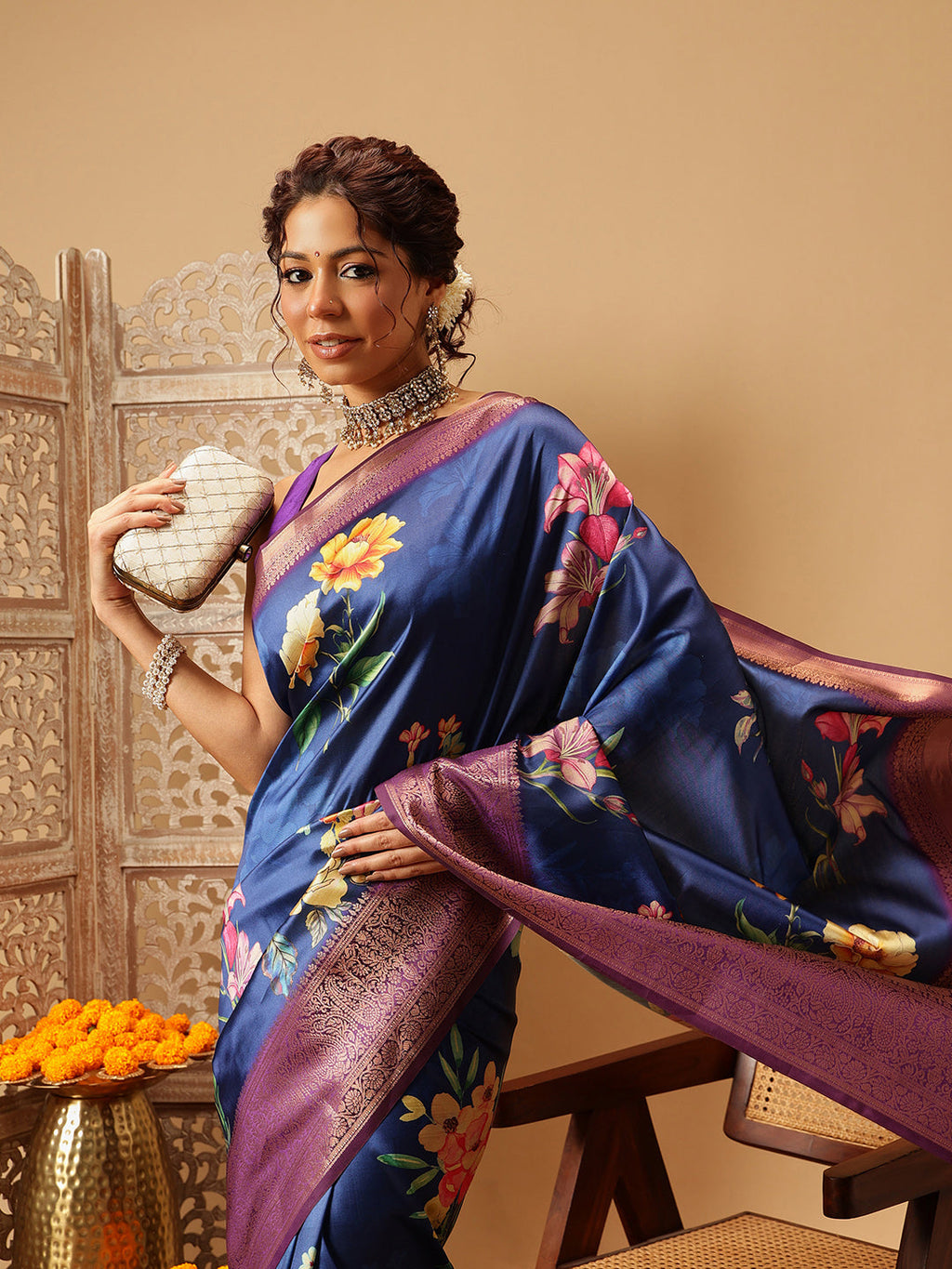 Hiral Fashion Navy Blue Banarasi Silk Floral Digital Printed Saree | Grocsy