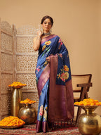 Hiral Fashion Navy Blue Banarasi Silk Floral Digital Printed Saree | Grocsy