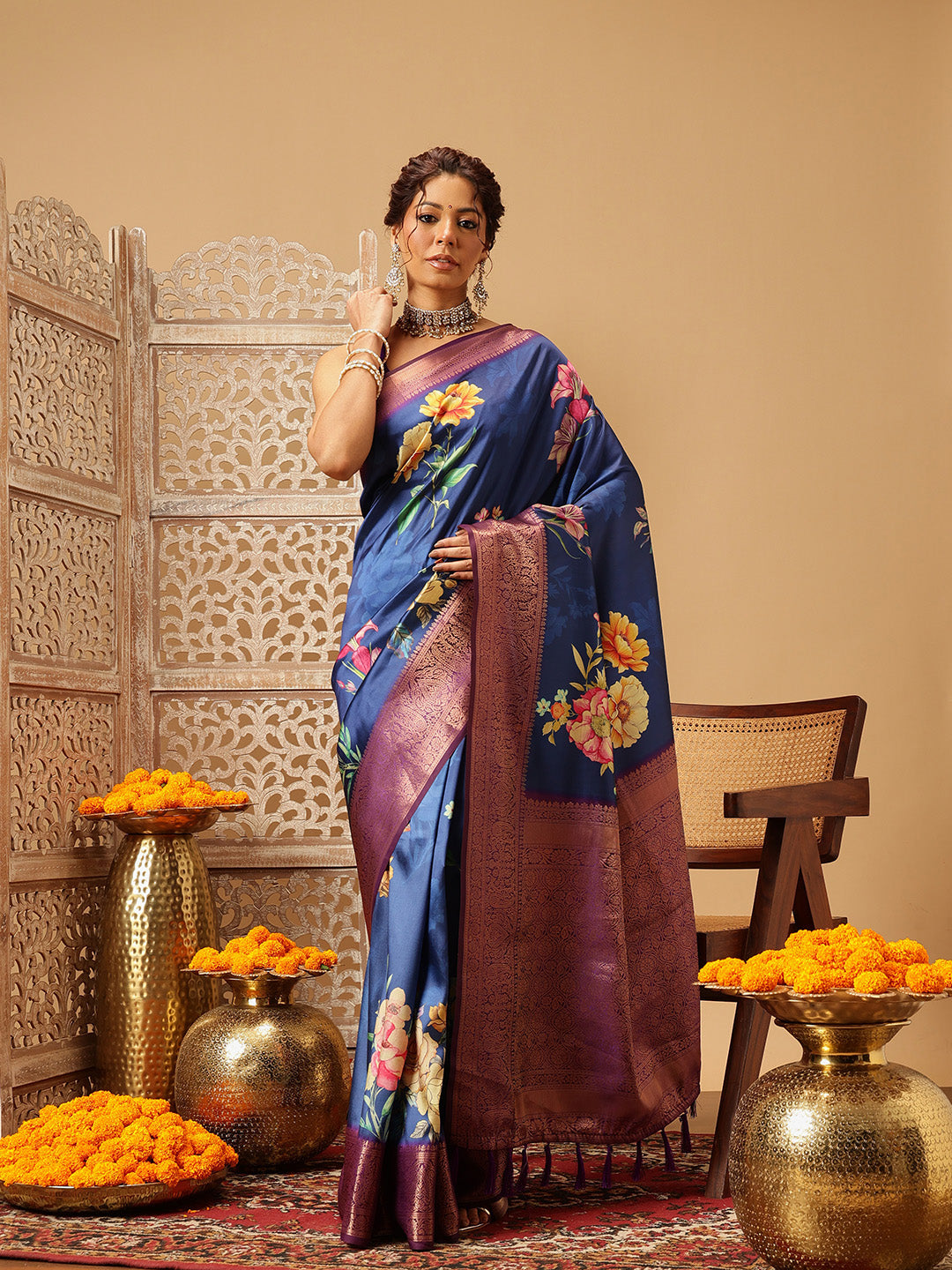 Hiral Fashion Navy Blue Banarasi Silk Floral Digital Printed Saree | Grocsy