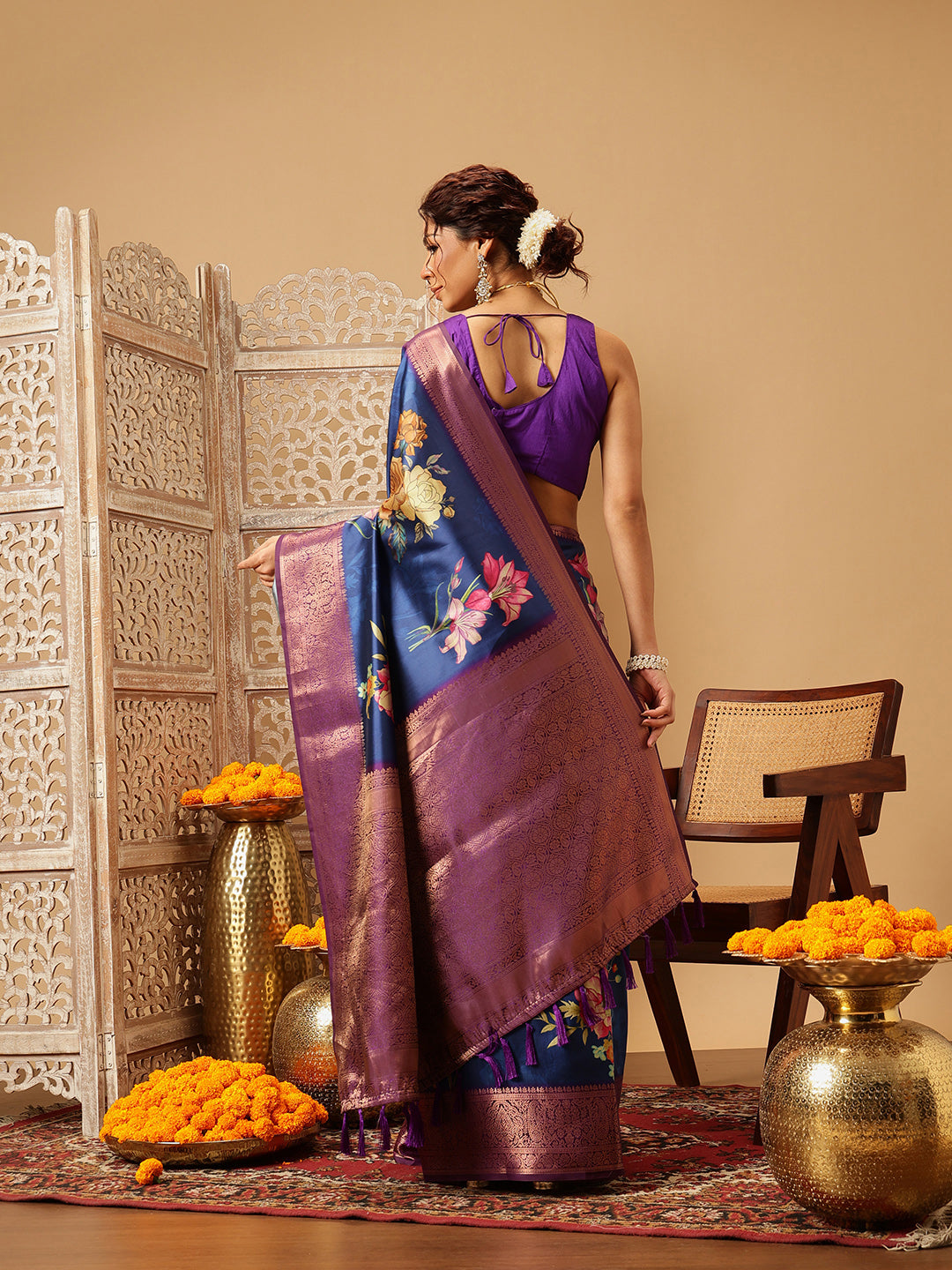 Hiral Fashion Navy Blue Banarasi Silk Floral Digital Printed Saree | Grocsy