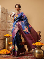 Hiral Fashion Navy Blue Banarasi Silk Floral Digital Printed Saree | Grocsy