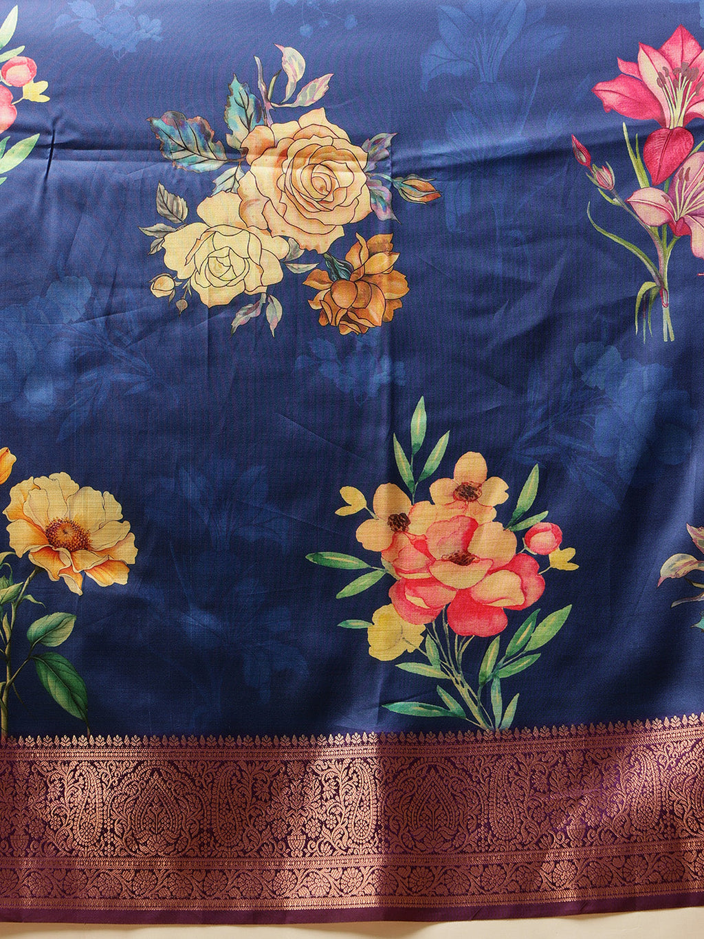 Hiral Fashion Navy Blue Banarasi Silk Floral Digital Printed Saree | Grocsy