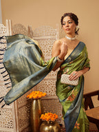 Hiral Fashion Green Banarasi Silk Floral Digital Printed Saree | Grocsy