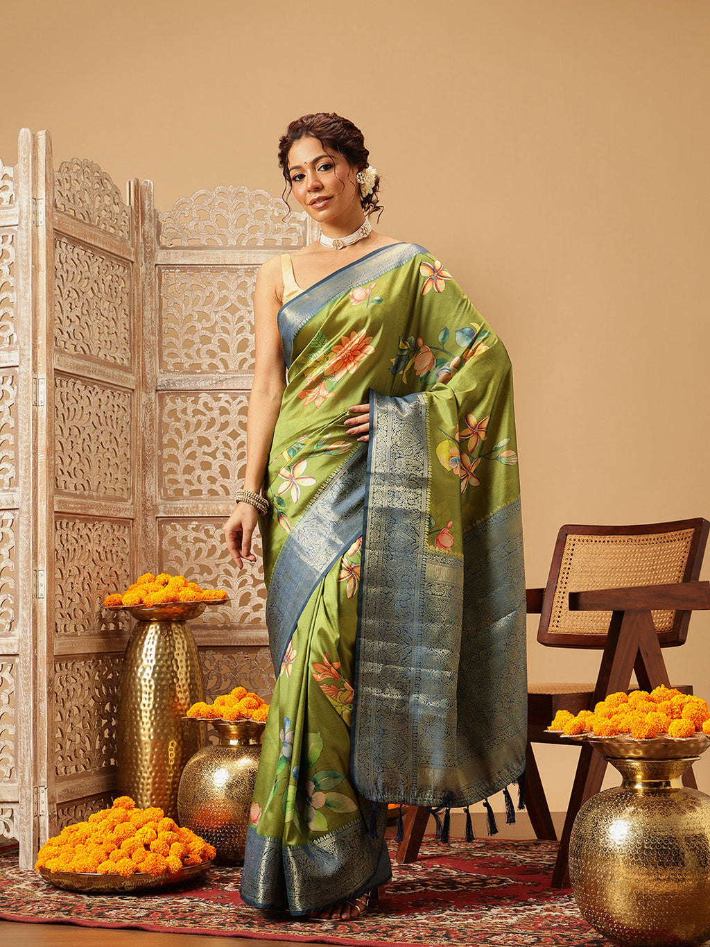 Hiral Fashion Green Banarasi Silk Floral Digital Printed Saree | Grocsy