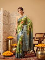 Hiral Fashion Green Banarasi Silk Floral Digital Printed Saree | Grocsy