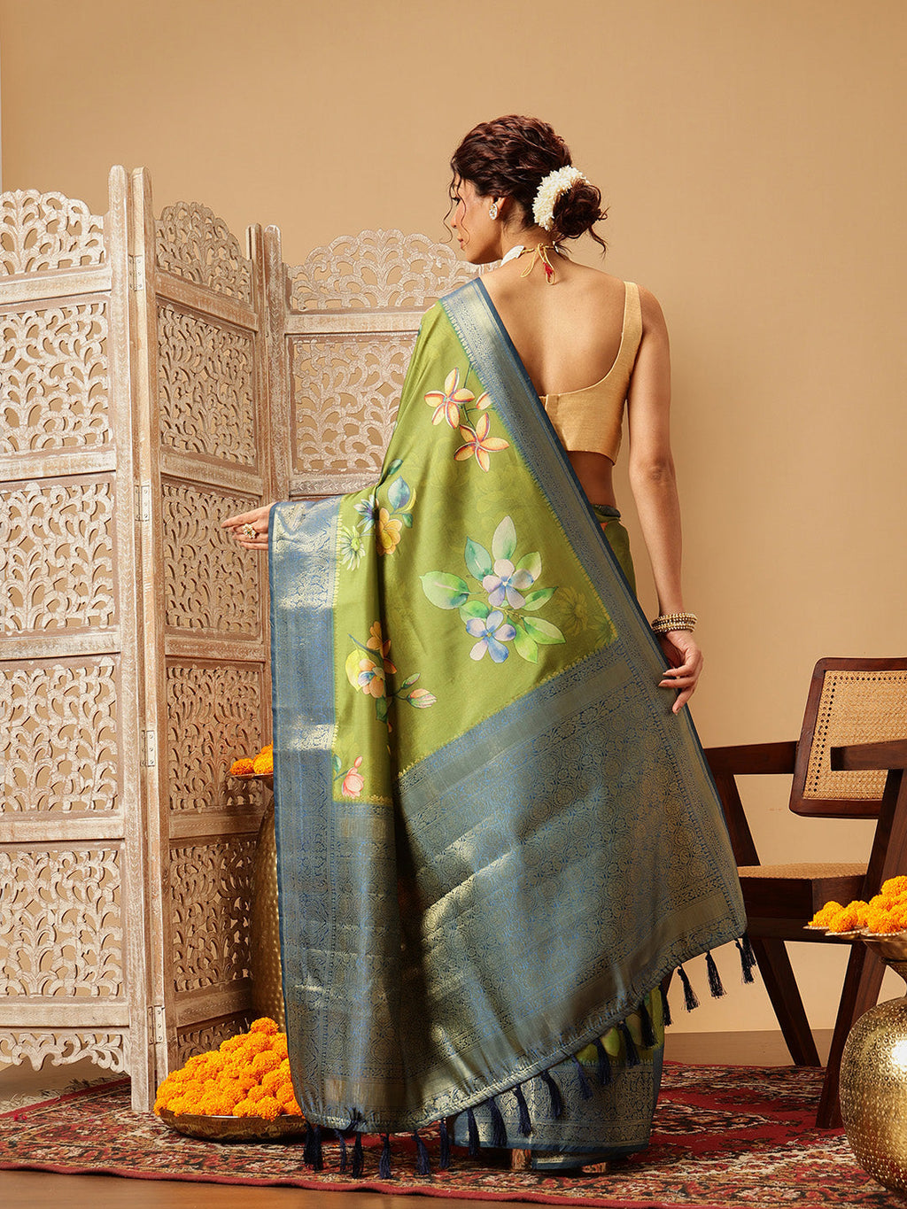 Hiral Fashion Green Banarasi Silk Floral Digital Printed Saree | Grocsy