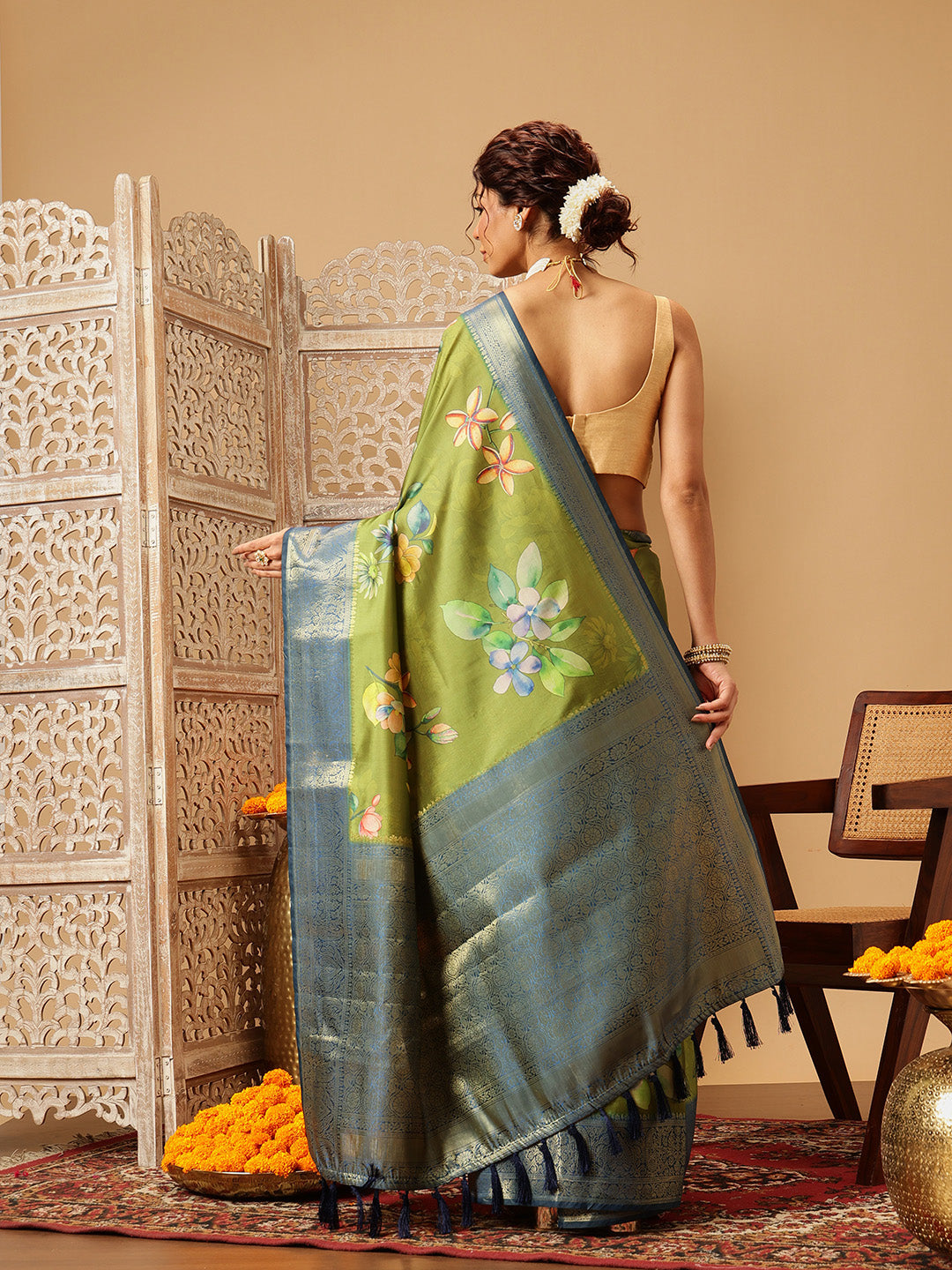 Hiral Fashion Green Banarasi Silk Floral Digital Printed Saree | Grocsy