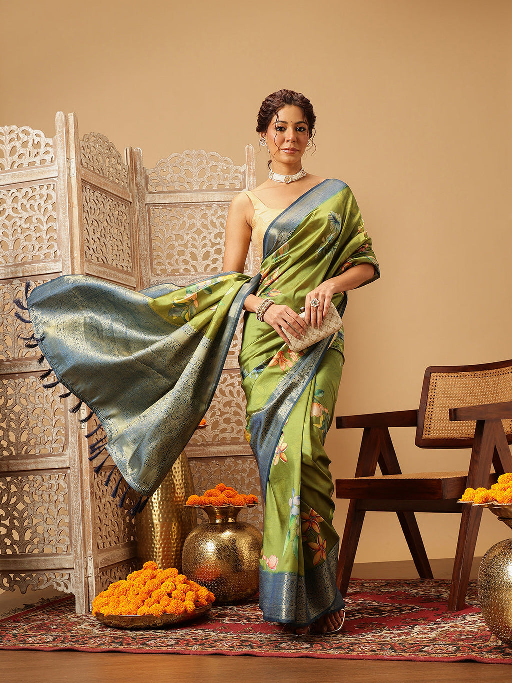 Hiral Fashion Green Banarasi Silk Floral Digital Printed Saree | Grocsy