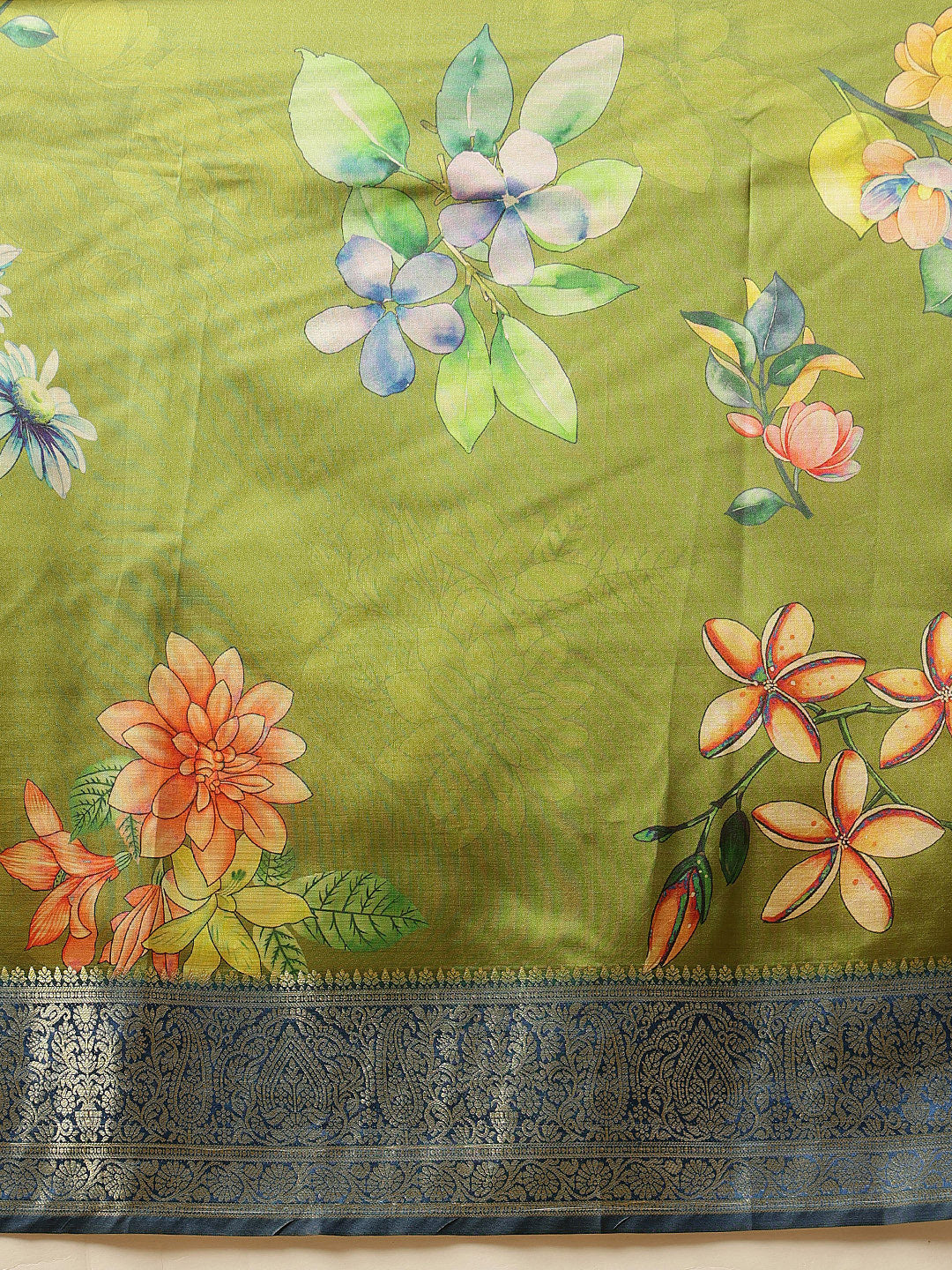 Hiral Fashion Green Banarasi Silk Floral Digital Printed Saree | Grocsy