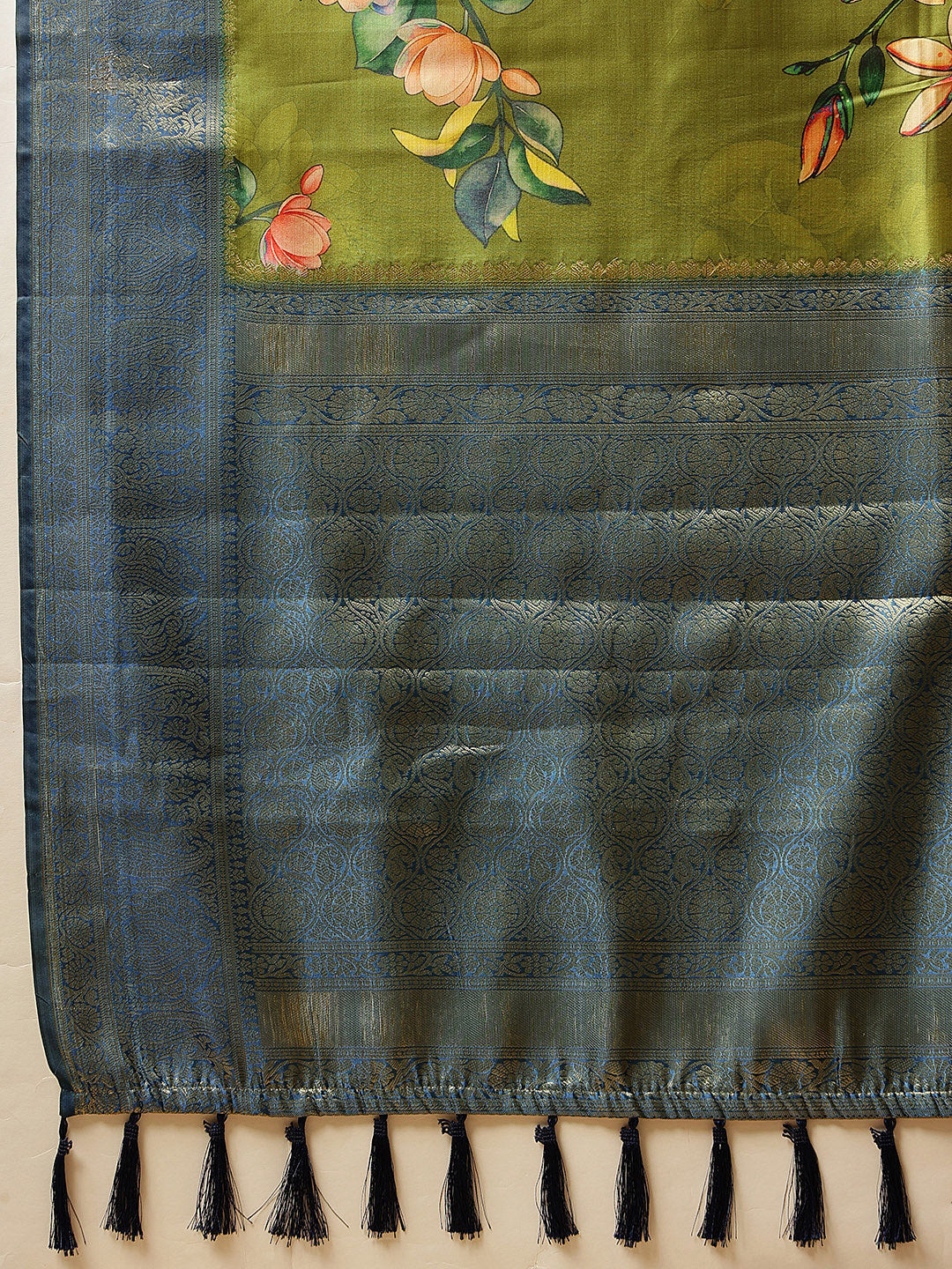 Hiral Fashion Green Banarasi Silk Floral Digital Printed Saree | Grocsy
