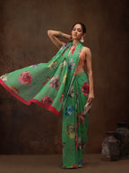 Green Chiffon Digital Print Floral Saree with Unstitched Blouse - Hiral Fashion | Grocsy