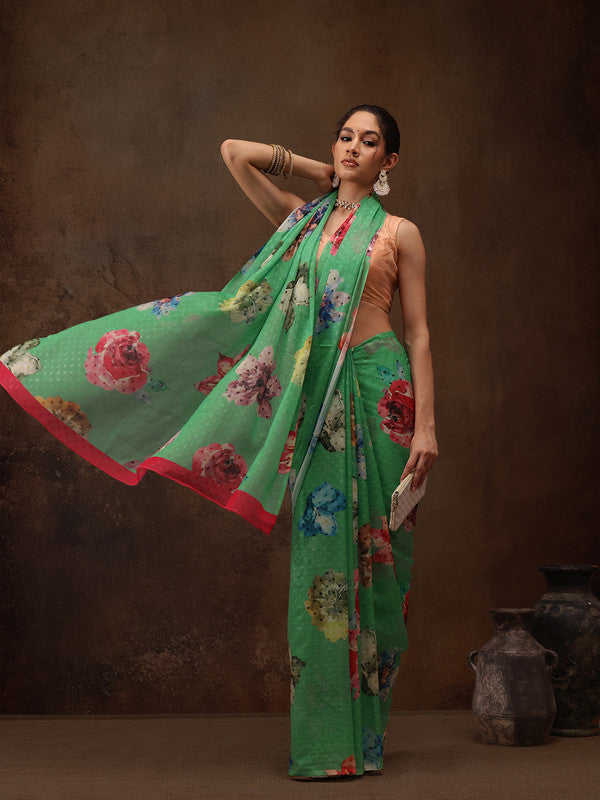 Green Chiffon Digital Print Floral Saree with Unstitched Blouse - Hiral Fashion | Grocsy