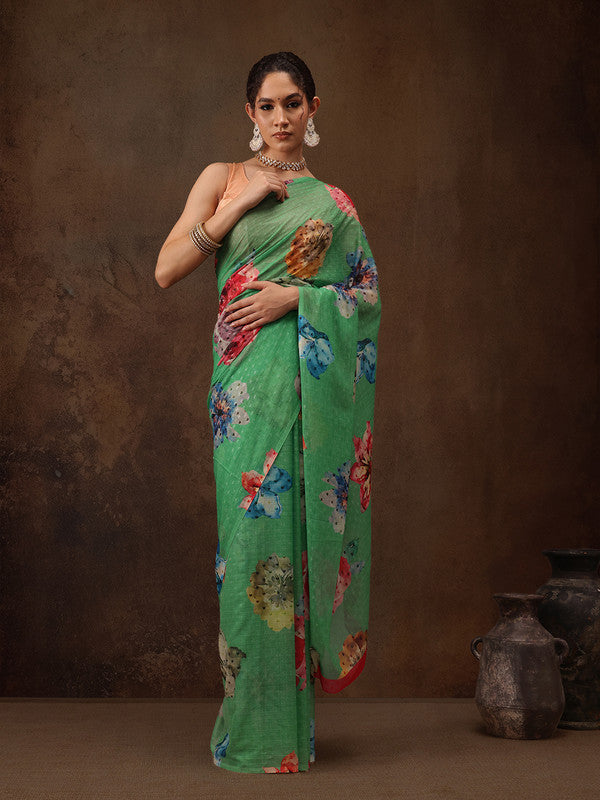 Green Chiffon Digital Print Floral Saree with Unstitched Blouse - Hiral Fashion | Grocsy