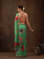 Green Chiffon Digital Print Floral Saree with Unstitched Blouse - Hiral Fashion | Grocsy
