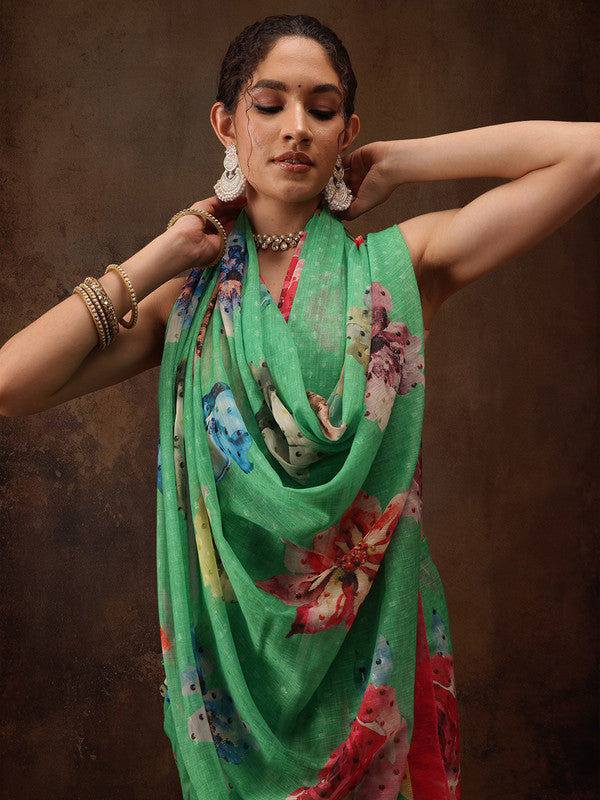 Green Chiffon Digital Print Floral Saree with Unstitched Blouse - Hiral Fashion | Grocsy