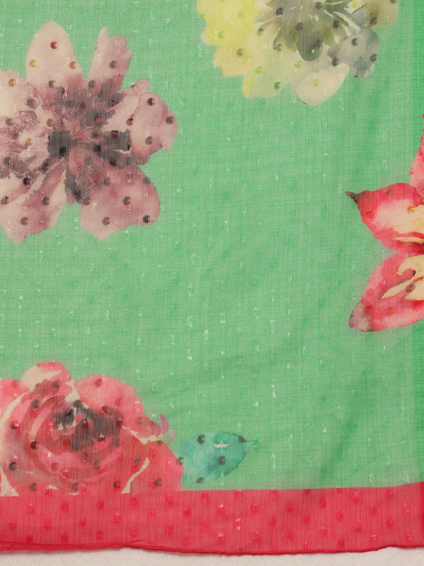 Green Chiffon Digital Print Floral Saree with Unstitched Blouse - Hiral Fashion | Grocsy