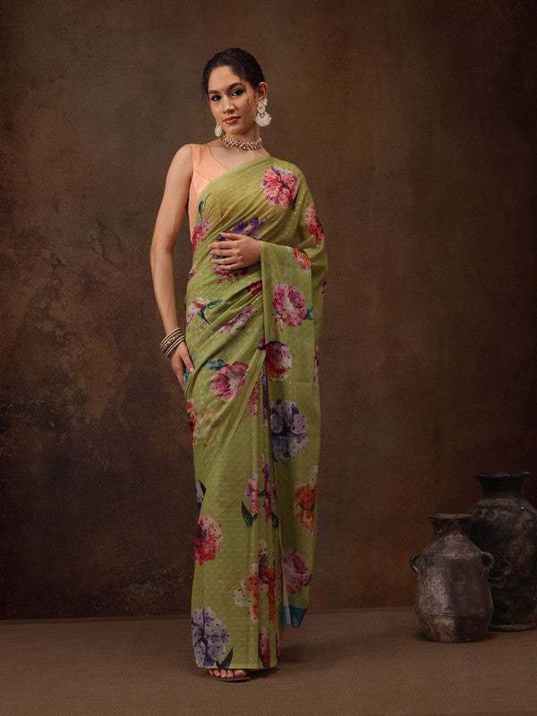 Olive Chiffon Digital Print Floral Saree with Unstitched Blouse - Hiral Fashion | Grocsy